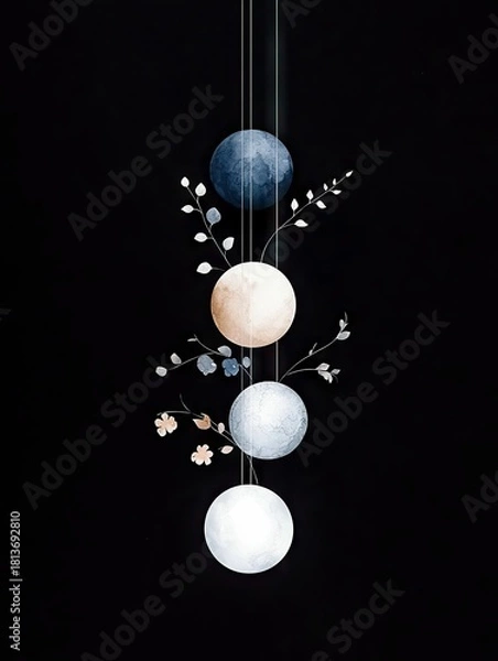 Fototapeta Four spheres of varying colors and textures hang vertically, adorned with delicate branches and small flowers, set against a solid black background.