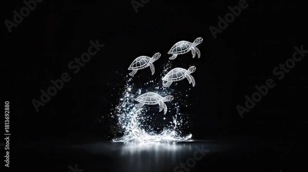 Fototapeta Four stylized turtles ascend from a burst of white water and spray against a dark background, suggesting movement and emergence.
