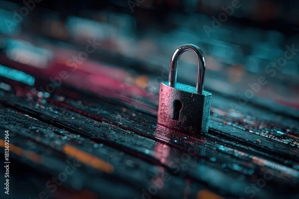 Obraz Metallic Padlock on Dark Abstract Background with Blue and Red Hues