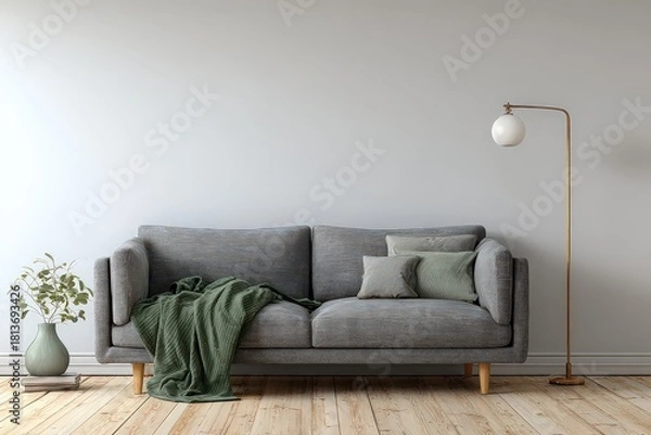Obraz Modern Interior Living Room Featuring Sofa with Pillows Green Throw and Stylish Floor Lamp
