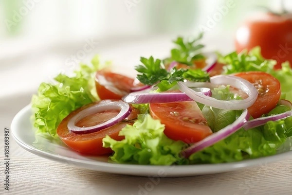 Obraz Fresh Salad with Green Lettuce Red Tomato and Purple Onion Rings on White Plate in Bright Kitchen Lighting Healthy and Nutritious