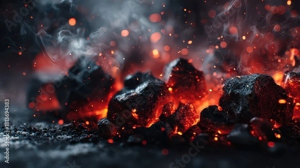 Obraz Glowing Charcoal Embers with Orange and Red Hues and Smoke Effect