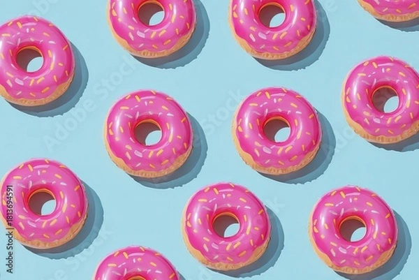 Obraz Pink Glazed Doughnuts Arranged on Light Blue Background With Sprinkles and Shadows
