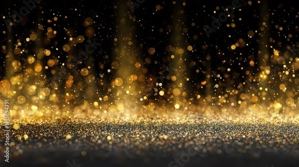 Fototapeta Golden Glitter Particles and Rays of Light against Black Background Abstract Design