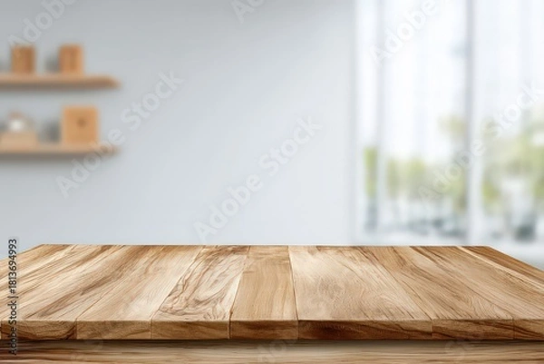 Obraz Rustic Wooden Table Surface Against Blurred Room with Windows Background