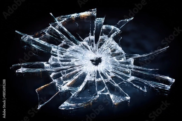 Obraz Shattered Glass with Radial Cracks on Black Background Illuminated by Bright Light Creating a Starburst Effect Close Up Shot