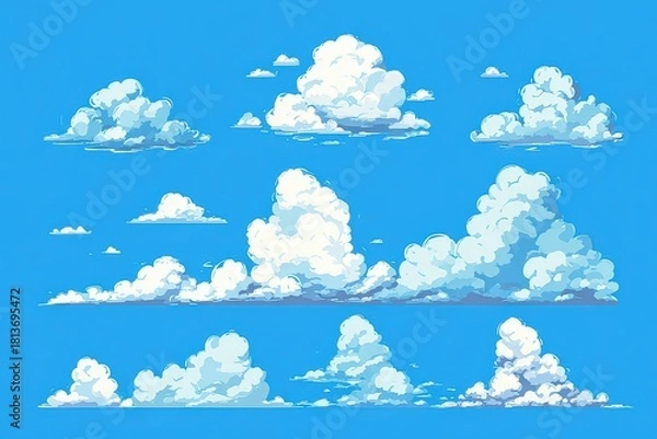 Obraz Pixel Art Cloud Set on Blue Sky Background in Illustration
