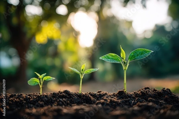 Obraz Three Young Plants Emerging from Soil with Sunlight Illuminated in Nature