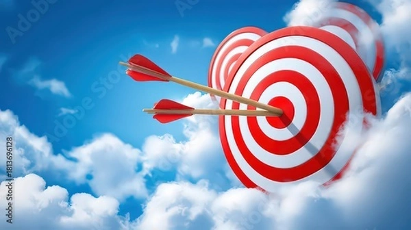 Obraz Three Red And White Targets With Arrows Piercing Through Clouds And Blue Sky Background