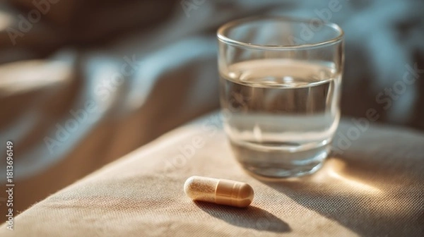 Obraz capsule placed next to a glass of water on a bedside table, Photorealism, natural morning light, shallow depth of field, soft beige and blue palette, warm relatable mood