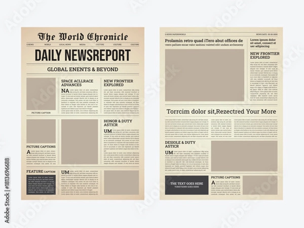 Obraz Traditional News Report Template, Retro Press Front Page Design, Daily News Paper Template With Text And Picture Placeholder.