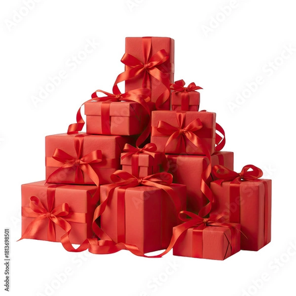 Fototapeta A Generous Pile of Bright Red Gift Boxes Tied With Matching Ribbons and Bows Against a Transparent Background Ideal For Holiday Celebrations and Special Occasions