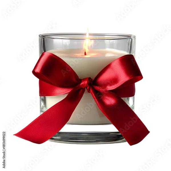 Fototapeta Glass Candle with Red Ribbon Bow and Burning Flame Isolated on Transparent Background