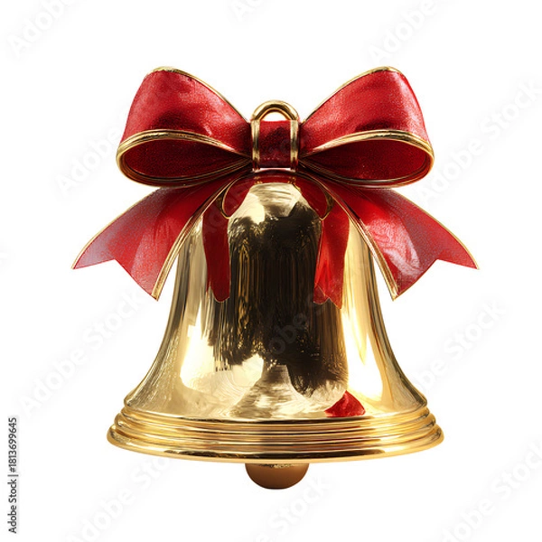 Fototapeta Golden Christmas Bell with Red Ribbon Bow Isolated on Transparent Background