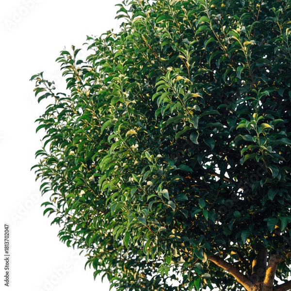 Fototapeta A Lush Green Tree with White Flowers and Sunlit Leaves Against a Transparent Background Studio Shot