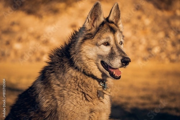 Fototapeta Close-up portrait of a happy German Shepherd dog with thick fur and attentive expression in outdoor natural light