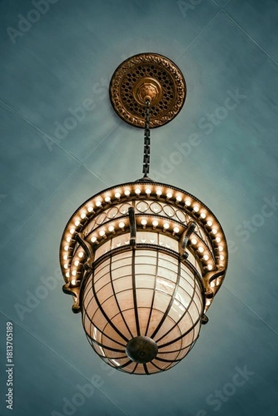 Fototapeta Vintage ornate hanging chandelier with intricate metalwork and warm glowing lights against a textured blue ceiling background