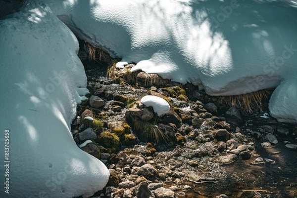 Fototapeta Close-up of a natural forest stream flowing under melting snow with sunlight casting shadows on rocks and moss