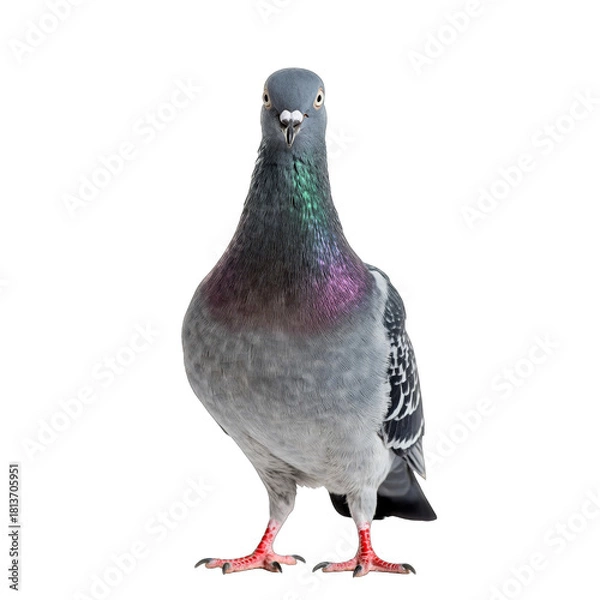 Fototapeta A Pigeon Standing Tall With Iridescent Neck Feathers Against A Black Background In Soft Lighting