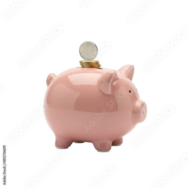 Fototapeta A Pink Ceramic Piggy Bank with a Coin on Top Isolated on a Transparent Background