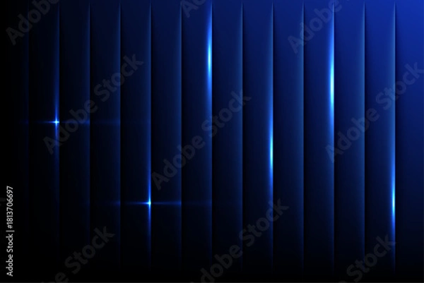 Fototapeta Deep Blue Futuristic Vertical Light Panels with Metallic Shadows and Glowing Lens-Flare Highlights – Cinematic Tech Background for Sci-Fi Design, Digital Art, Motion Graphics, and Visual Projects