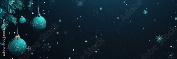 Fototapeta Elegant teal Christmas ornaments and snowflakes create a festive holiday atmosphere, perfect for winter promotions and seasonal greetings with a modern touch