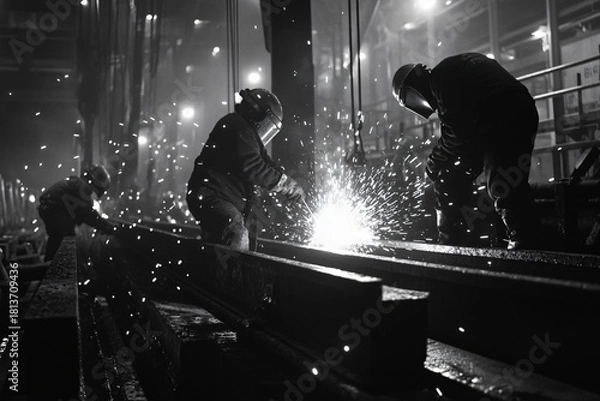 Fototapeta Dramatic black and white scene of skilled welders forging steel with bright sparks in a dark industrial setting, perfect for showcasing craftsmanship