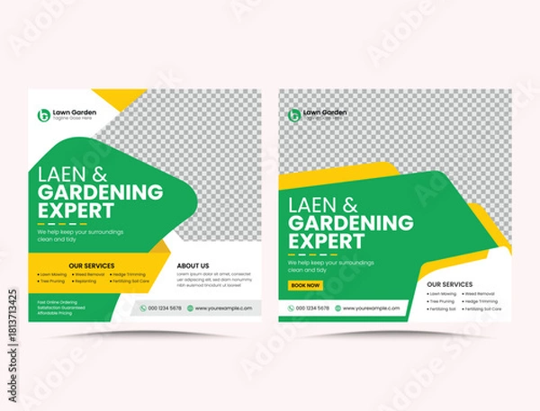 Obraz Lawn and garden service social media post, web banner promotion agriculture with abstract green editable modern square poster design.