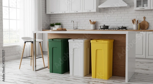 Fototapeta Recycling bins for waste sorting and management in a modern, eco-friendly kitchen interior.