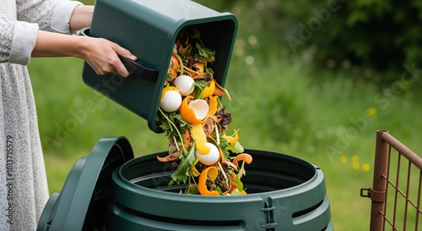 Fototapeta Woman composting food scraps, emptying a kitchen caddy into a compost bin in the garden for a sustainable lifestyle.