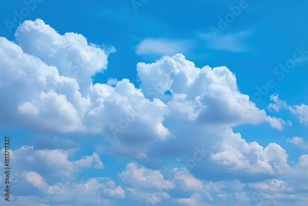 Obraz Blue Sky with Puffy White Cumulus Clouds Floating Overhead on a Sunny Day Atmospheric Perspective Serene Weather Beauty in Nature Natural Sky Scene