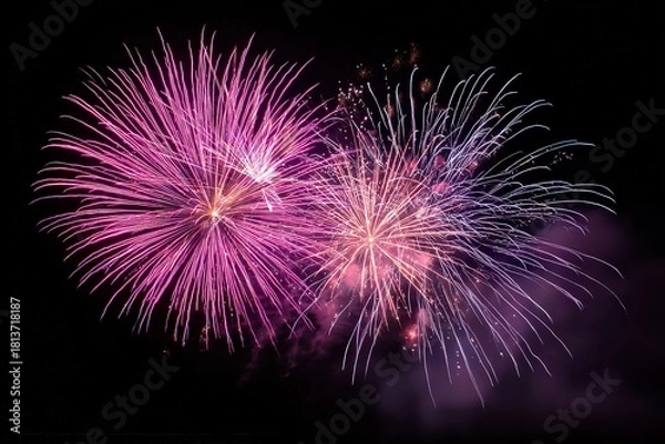 Obraz Bursting Fireworks Display Against a Black Night Sky with Pink Purple and White Explosions