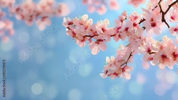 Obraz Cherry Blossom Branch Displaying Pink Flowers with Blue Bokeh Background