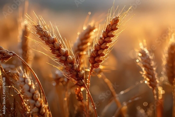 Fototapeta Close Up Golden Wheat Field Illuminated by Sunlight at Sunset
