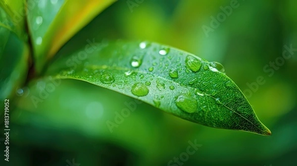 Obraz Close Up Of Dewdrops On A Vibrant Green Leaf In A Lush Natural Environment with Blurred Background