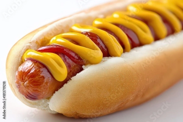 Obraz Close Up Shot of a Delicious Hot Dog with Yellow Mustard and Red Ketchup on a White Background