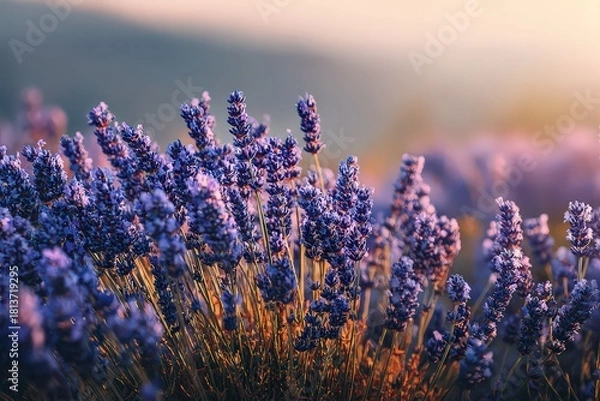 Obraz Close Up View Of Purple Lavender Flowers At Sunset With Golden Light and Blurred Background