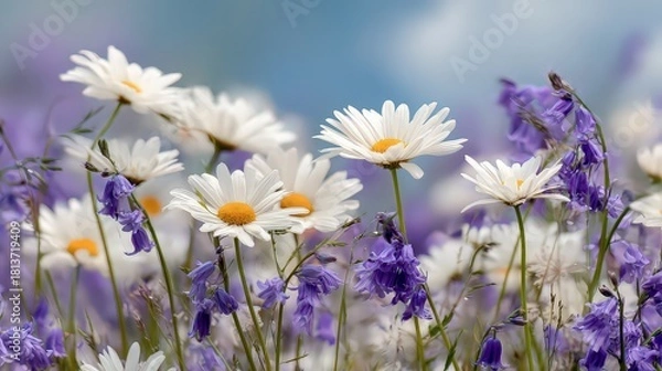Obraz Close Up View of White Daisies with Yellow Centers Among Purple Flowers Under Blue Sky