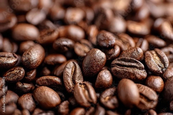 Fototapeta Close Up View Of Roasted Coffee Beans Displaying Texture and Detail in Brown Tones