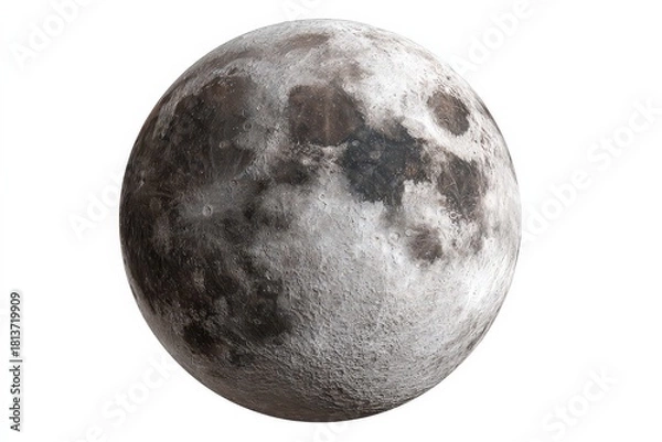 Fototapeta Detailed Close Up Of A Textured Moon Against A Pure White Background With Dark Crater Shadows And Shimmering Surface