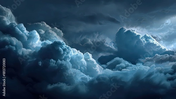 Fototapeta Dramatic Cloudscape with Illuminated Edges and Textured Forms Against Dark Sky
