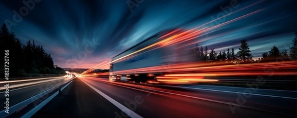Fototapeta Truck with motion blur on the highway during dusk, side view with abstract light trails. Concept for logistics management, fast delivery and distribution services