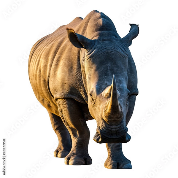 Fototapeta A Majestic Rhinoceros Walks Forward With Warm Sunlight Illuminating Its Textured Skin Against A Black Background A Powerful Creature in Close Up Detail