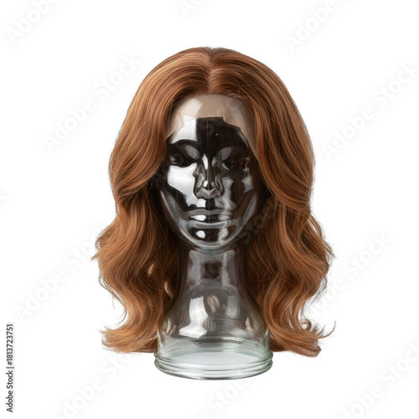 Fototapeta A realistic brown wavy wig displayed on a clear glass mannequin head on a transparent background illuminated by soft studio lighting showcasing hair texture and style