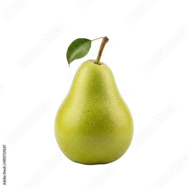 Obraz A Realistic Green Pear with a Stem and Leaf Isolated on a Transparent Background with Soft Studio Lighting