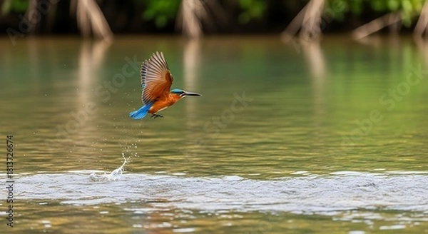 Obraz Kingfisher bird taking flight after catching fish