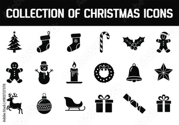 Fototapeta Collection of black silhouette christmas holiday icon set for festive design element