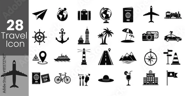 Obraz Collection of 28 black travel and transportation icon set for vacation planning and tourism concept