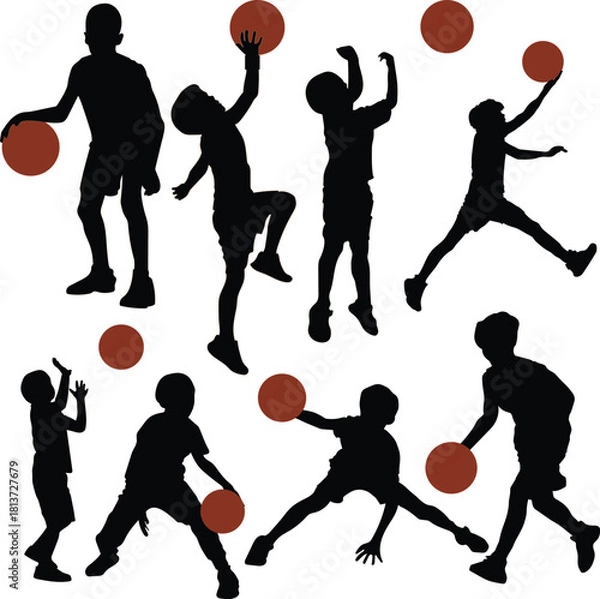Fototapeta Basketball player silhouette vector illustration of Child athlete jumping and playing in action. Children playing Basketball vector design.