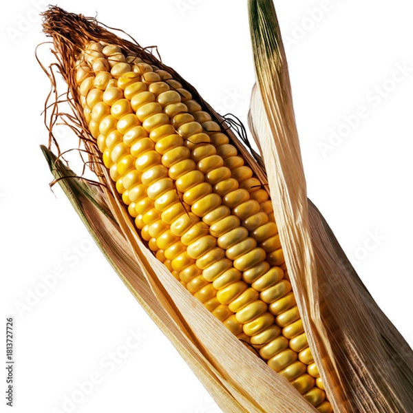 Obraz A single ear of ripe yellow corn with its husk partially peeled revealing kernels against a black background